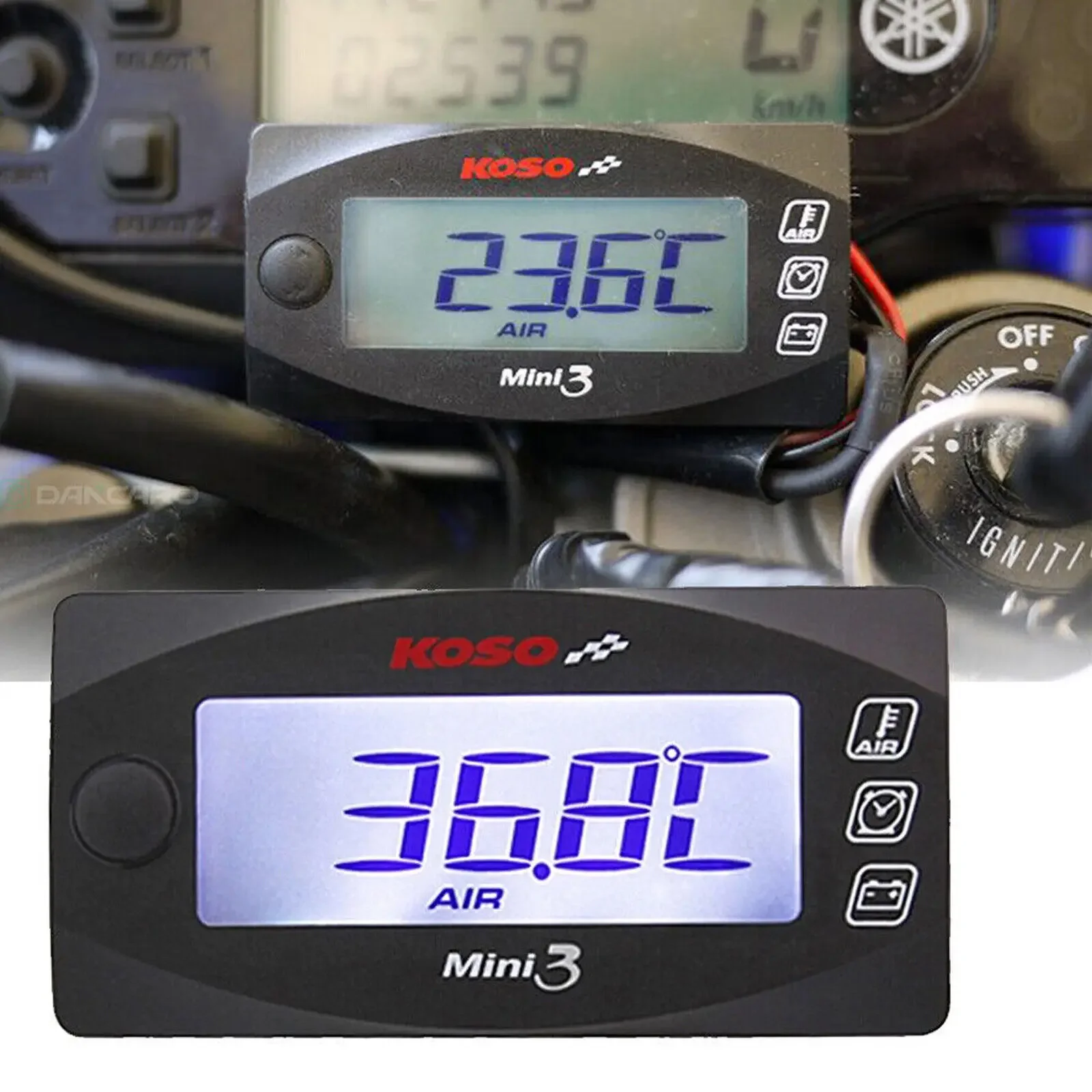 LED KOSO Water temperature meter, voltage meter, time display, mini three in one meter, suitable for motorcycle modification