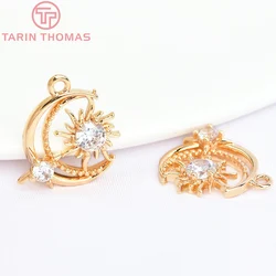 (5982) 4PCS 14.5x13MM 24K Gold Color Brass with Zircon Sun Moon Charms Pendants High Quality Jewelry Making Findings Wholesale
