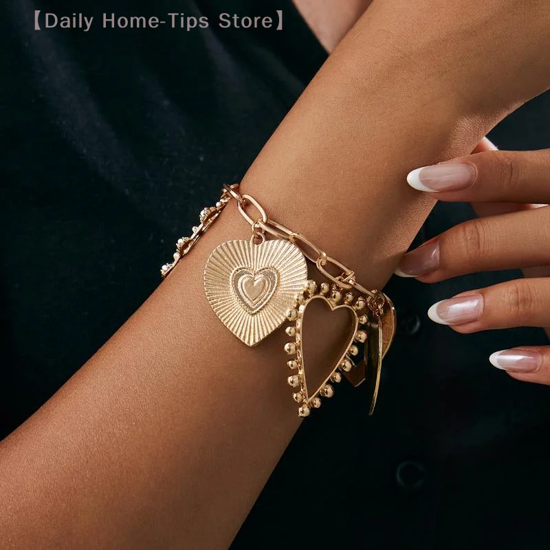 الكلاسيكية كبيرة القلب قلادة سوار للنساء خمر الجوف خارج هندسية سحر سلسلة سوار العصرية مجوهرات هدية #2