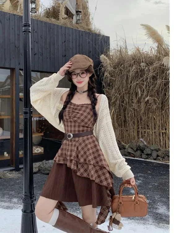 

Женский винтажный кардиган больших размеров с асимметричными бретелями, в клетку, тонкий, для повседневной носки, с высокой талией, А-силуэт, S...