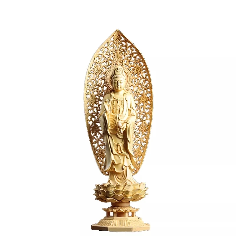 

29Cm Tiga Buddha Patung Sakyamuni Gambar Guanyin Ukiran Kayu Dewi Patung Dekorasi Rumah