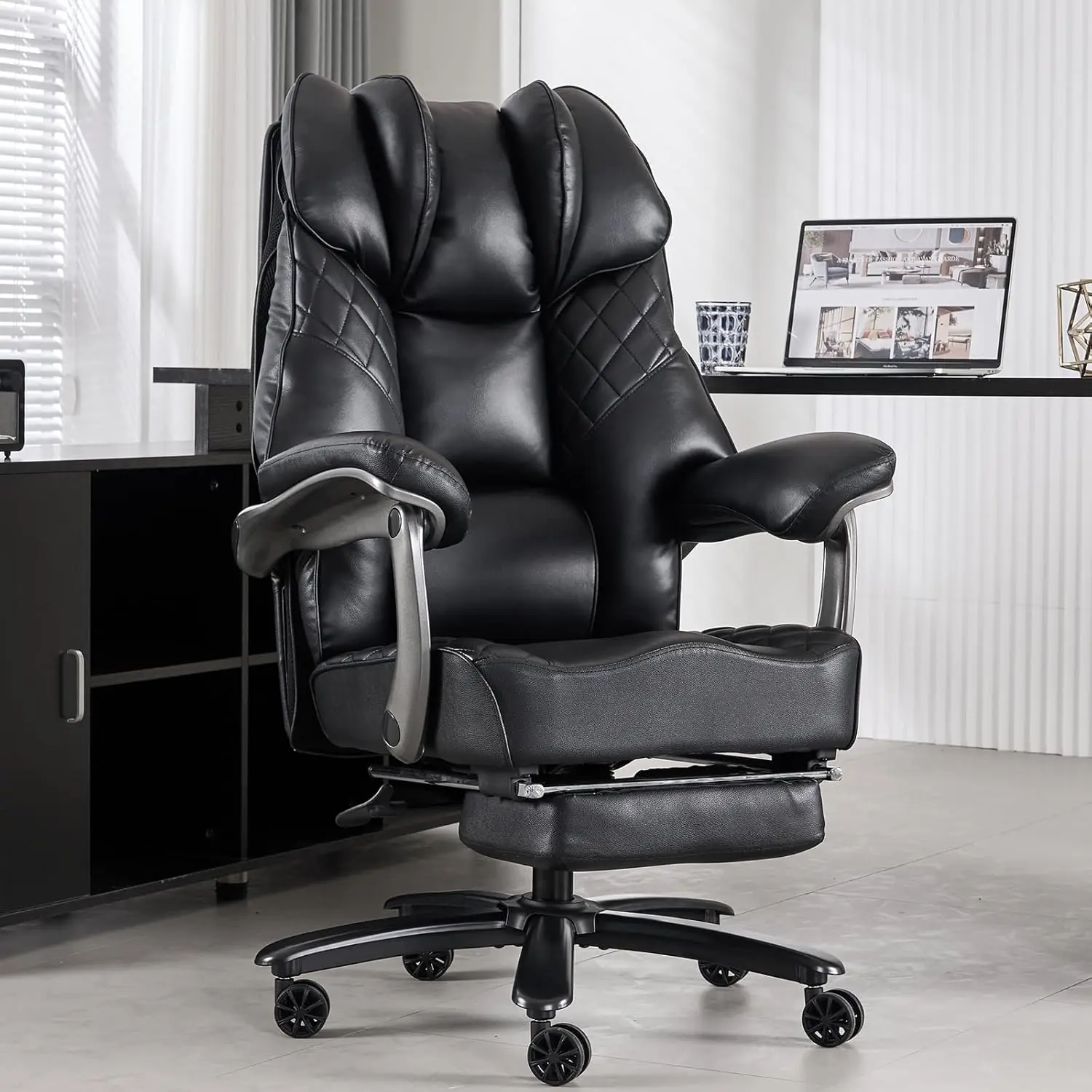 

Большое офисное кресло для высоких людей, до 180 кг, с широкой высокой спинкой, эргономичное, кожаное, с подставкой для ног и поясничной опорой, для работы за столом, на заказ