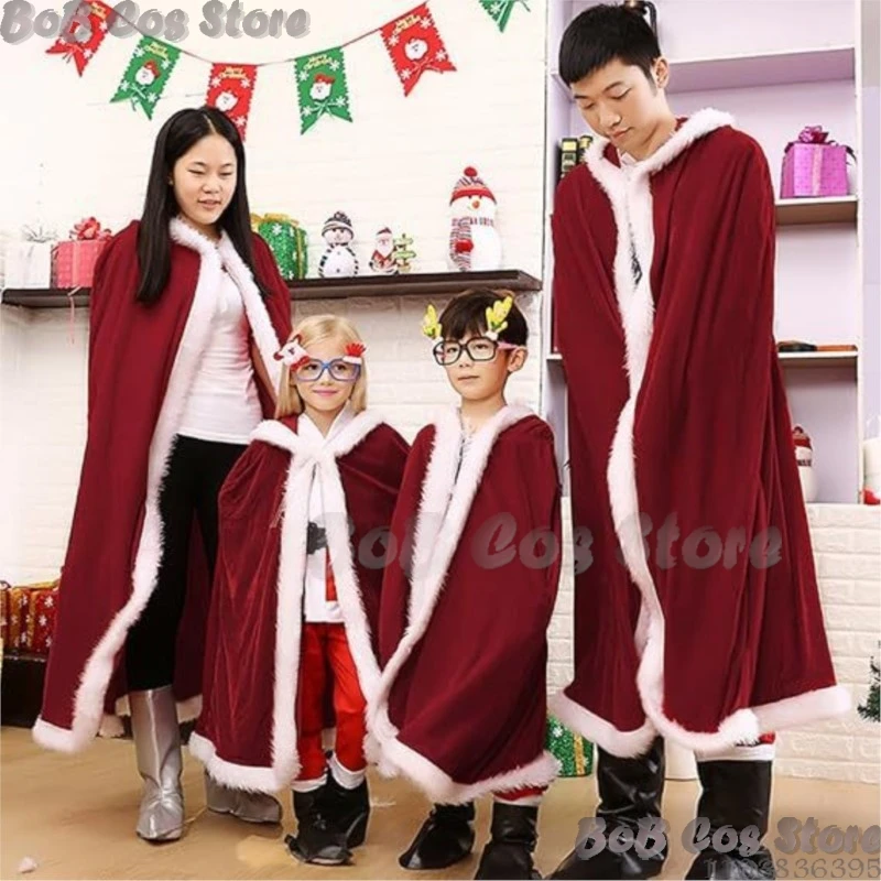 Christmas Cape Mrs. Claus Santa Cosplay Costume Red Velvet Hooded Clock Robe Child Adult Women Men Halloween Roleplay Customized