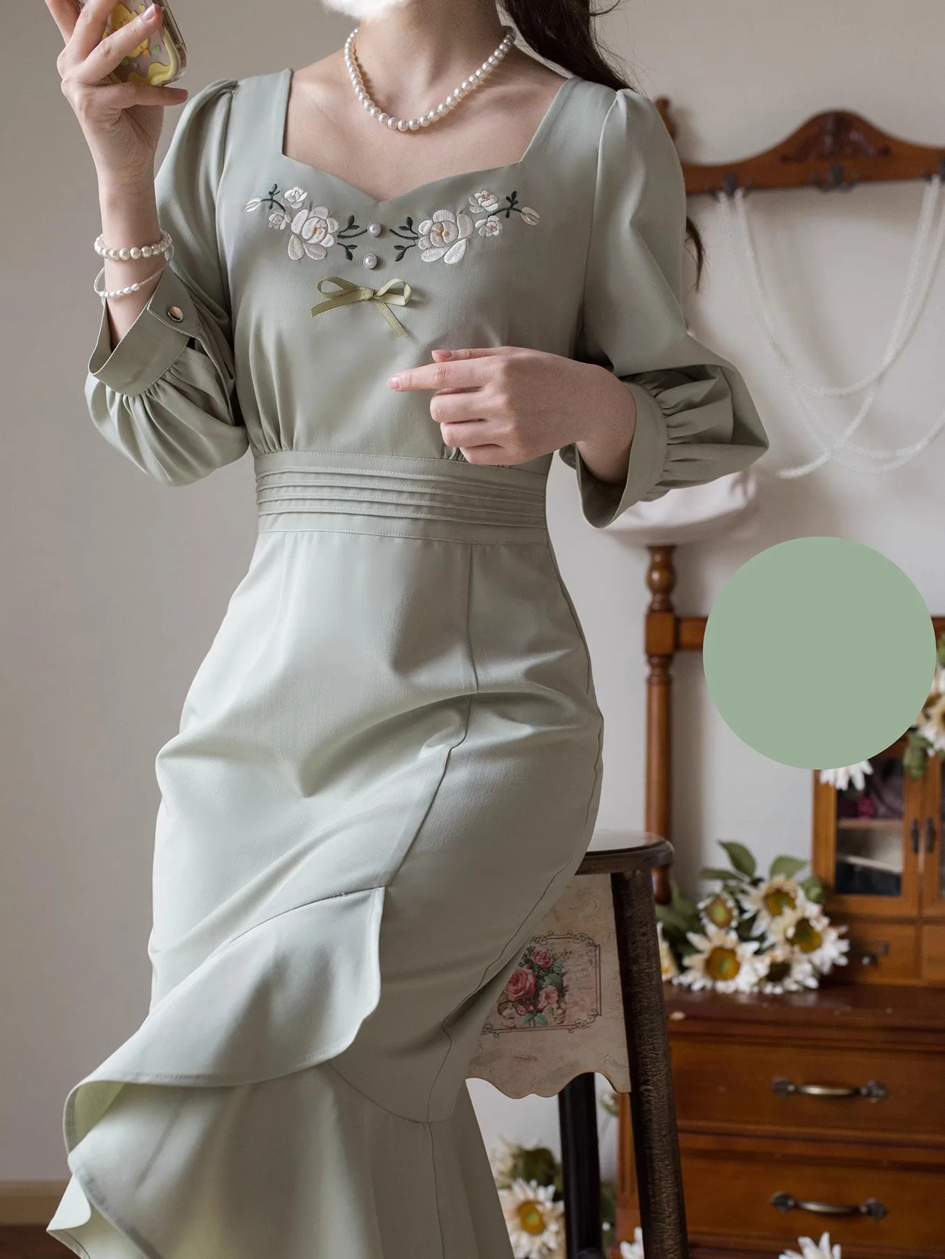 الفرنسية أنيقة خمر لوليتا فستان ساحة الرقبة المطرزة طويلة الأكمام عالية الخصر سليم صالح Bodycon ذيل السمكة فستان المرأة الخريف #3