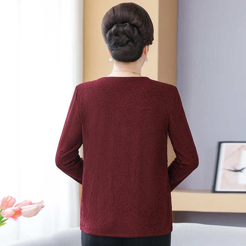 เสื้อยืดแขนยาวทรงหลวมสำหรับผู้หญิงวัยกลางอายุ ไซส์ใหญ่ รุ่นใหม่ ฤดูใบไม้ผลิ/ฤดูใบไม้ร่วง เสื้อผ้าแฟชั่นผู้หญิง