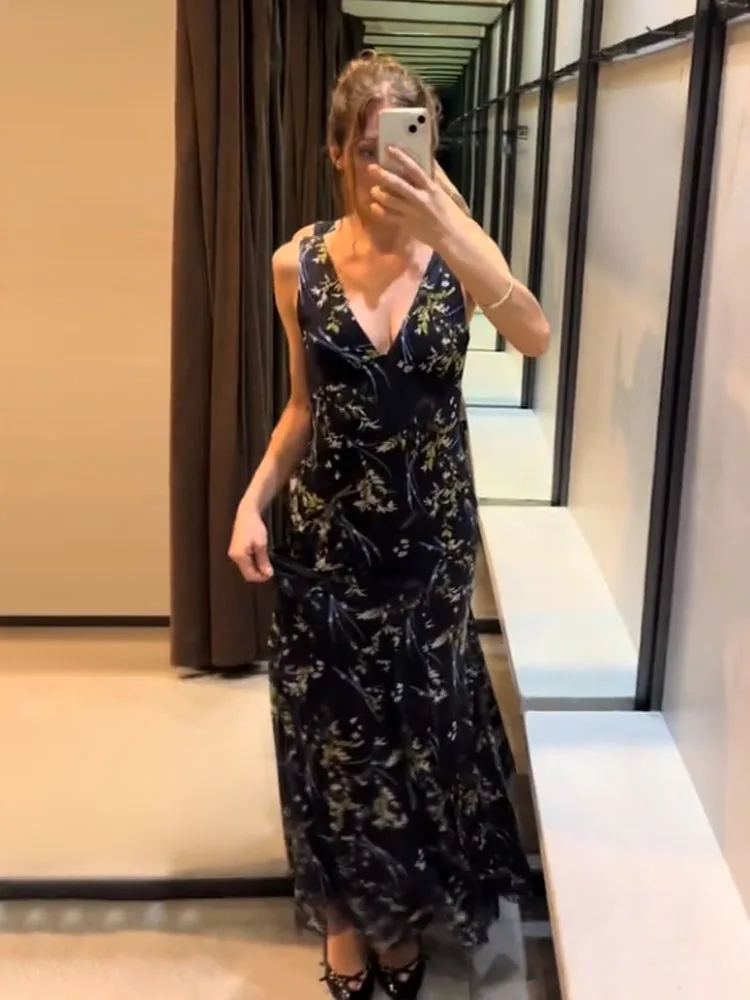 

TRAFZA Women Sexy Sleeveless V-Neck Printed Pleated Sling Dress Woman Summer Fashion Slim Knitted Midi Dress Beach Party Dress