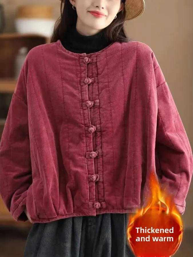 

Женское хлопковое пальто в стиле ретро, зимнее теплое бархатное пальто на пуговицах, верхняя одежда с хлопковой подкладкой, длинная круглая одежда Ne