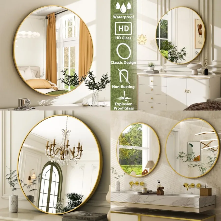 

24 Inch Round Bathroom Mirror - Wall Mounted Circle Mirror with Metal Frame, Modern Round Hanging Mirror Suitable for Bathroom,