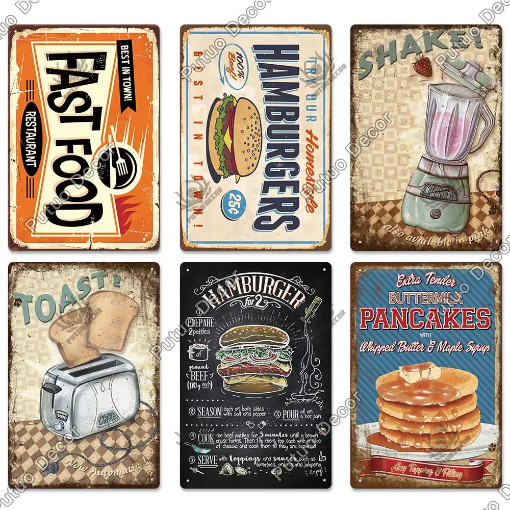 Putuo Decor Fast Food Vintage Tin Sign Plaque Metal Retro Plate Hot Dog Poster Wall Decor for Kitchen Cafe Diner Bar