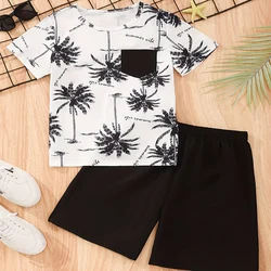 Two Piece Summer Boy Cute Casual Fashion Vacation Style Round Neck Printed Short Sleeved Solid Color Shorts Gentleman Set