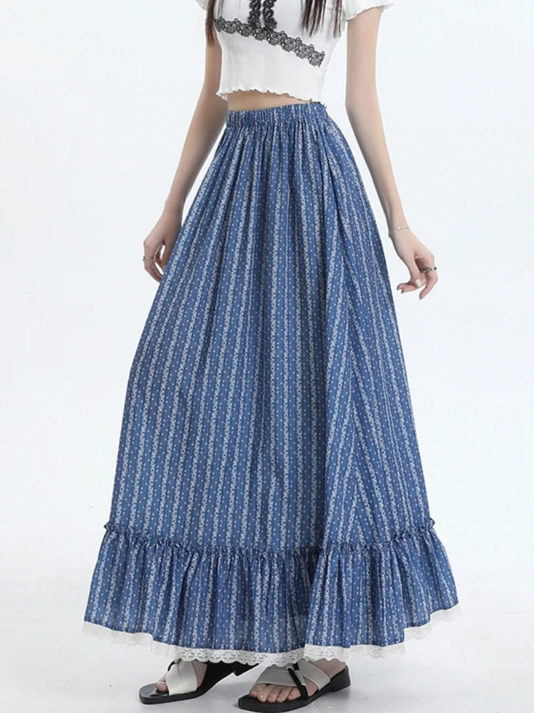 Qiukichonson Spring Summer Striped Women Long Skirt Teen Girls Goth Lolita Crochet Lace High Waist Ruffle A-Line Cotton Skirts