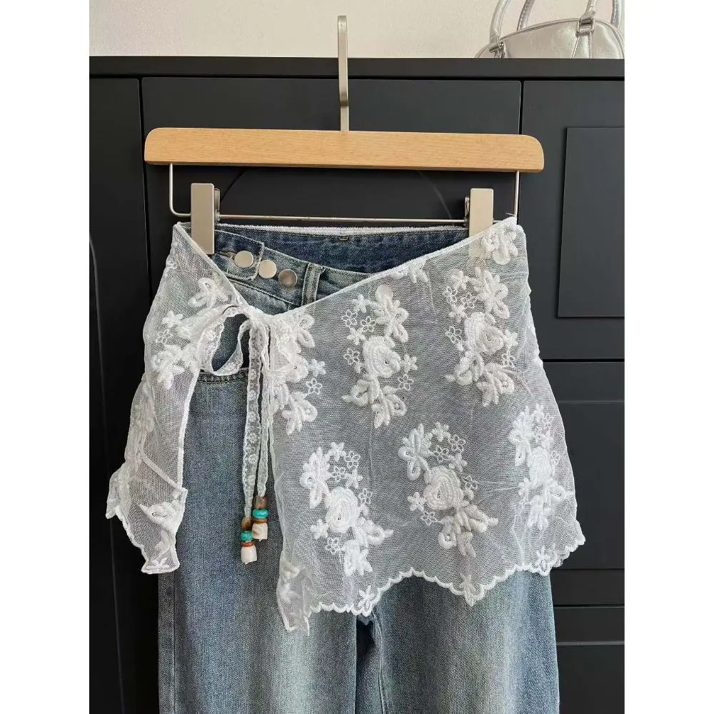 Trendy Jeans Decor Lace Fart Curtain Pretty Y2K Mini Skirt Versatile Slim Fit Women's Hip Curtain Summer