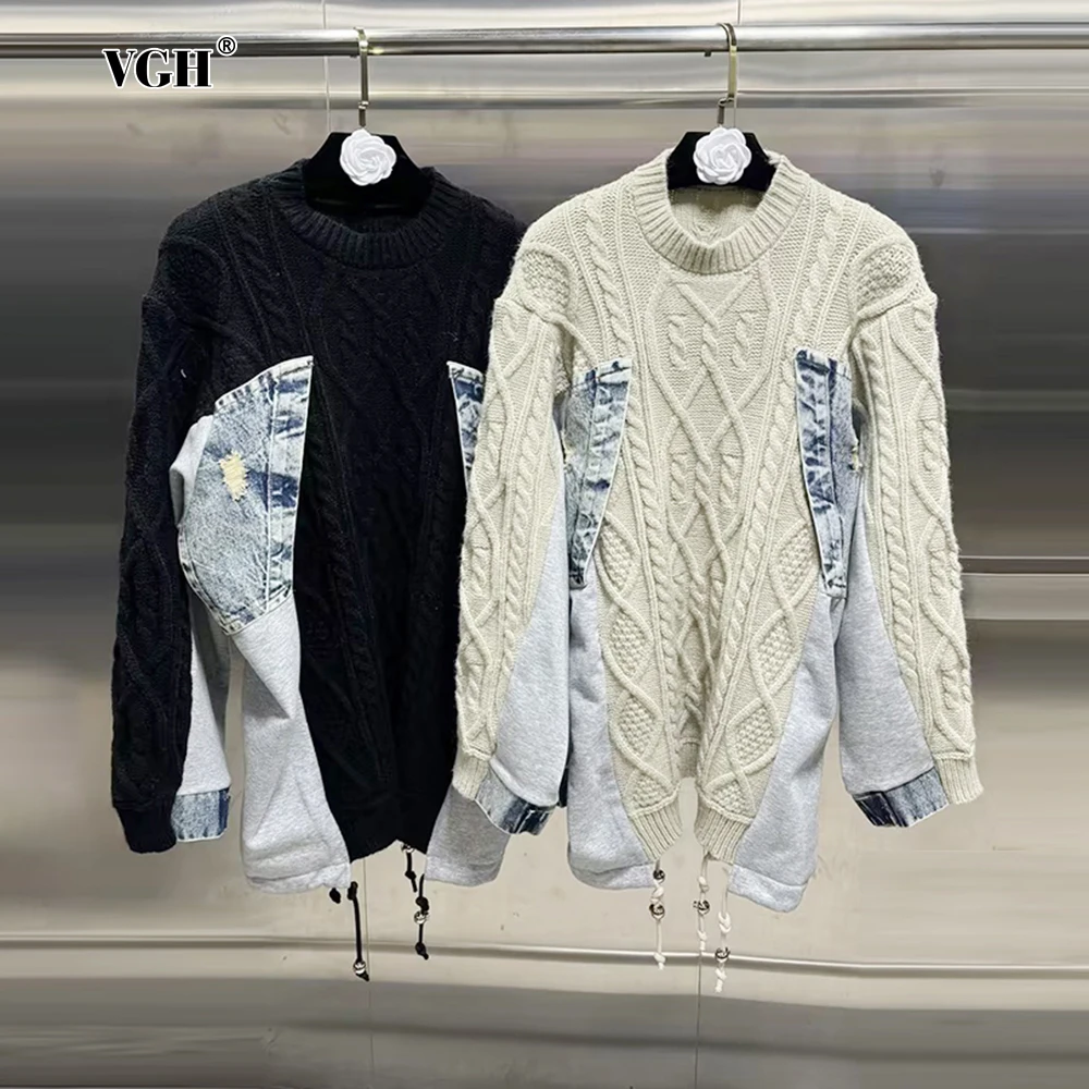 VGH Colorblack Patchwork Denim Loose Sweaters For Women Round Neck Long Sleeve Spliced Drawstring Minimalsit Sweater Female New