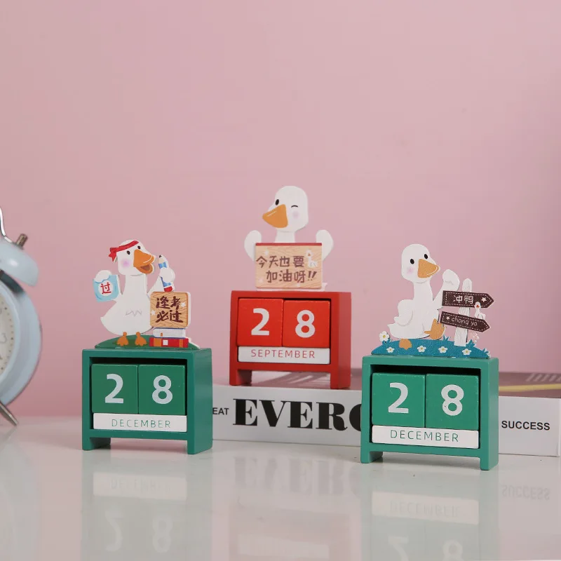 Cute Duck Wooden Calendar Desk Decor Countdown Reminder for Students Study Room