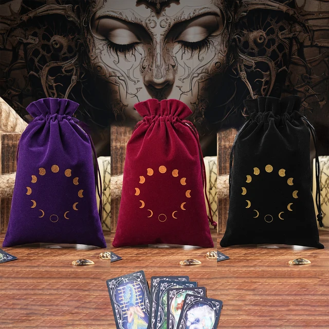 14x22cm Większa aksamitna torba do przechowywania kart Tarota z fazami księżyca Etui na kości Tarota Etui na biżuterię z kryształami Witch Divination