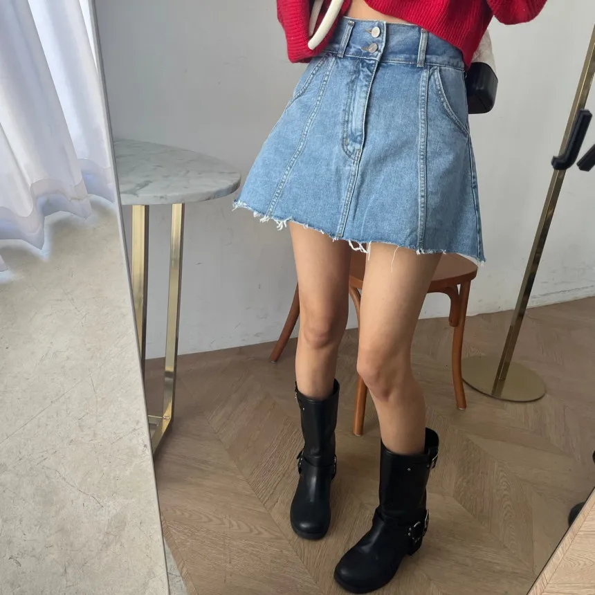 REALEFT الربيع الصيف خمر المرأة الدنيم التنانير القصيرة 2025 جديد عالية الخصر المرقعة عادية ألف خط مثير التنانير الصغيرة الإناث #4