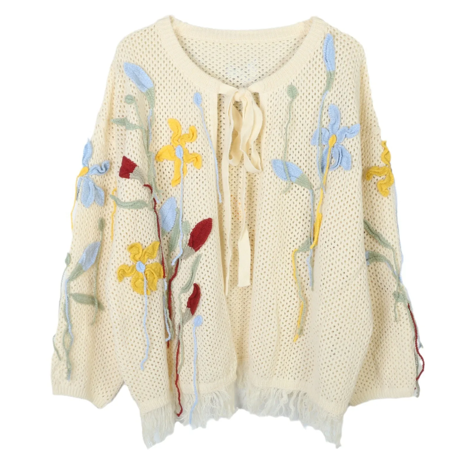 

Jastie Spring And Autumn Hand-hook Three-dimensional Flower Knitted Cardigan Women's Tassel Loose Retro Long-sleeved Cardigan