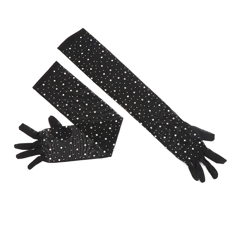 Sexy Black Silk Gloves 55cm Women\'s Thin Summer Driving Cycling Sun Protection Arm Sleeves Halloween Party Mesh Diamond Mittens