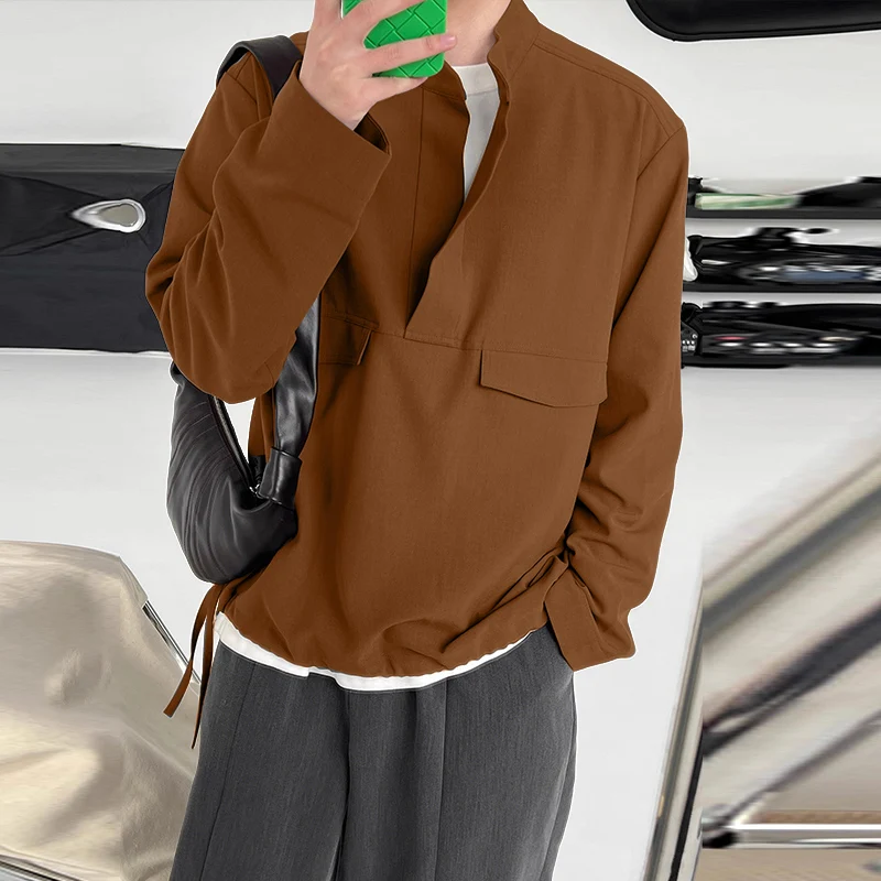 

INCERUN Мужская рубашка, однотонная, с воротником-стойкой, с длинным рукавом, свободная мужская одежда, уличная одежда, 2025 г., модные повседневные рубашки в корейском стиле