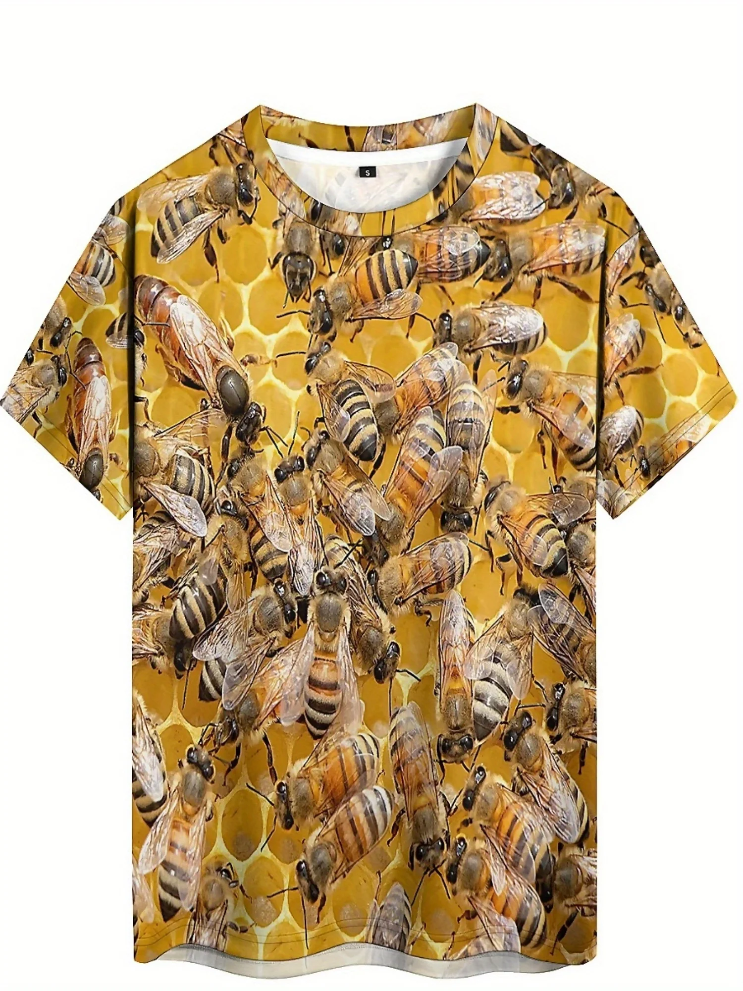 Camiseta masculina com estampa de abelha 3D – poliéster macio, gola redonda, manga curta, padrão geométrico, ajuste regular, conforto para todas as estações