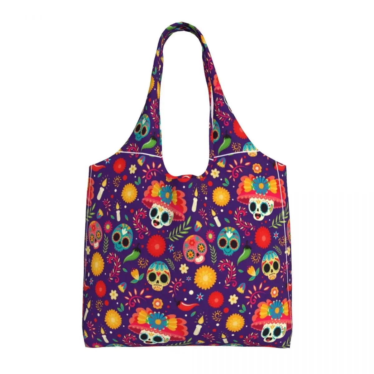 

Recycling Mexican Day Of The Dead Sugar Skull Shopping Bag Canvas Shoulder Tote Bag Washable Halloween Grocery Shopper Bags