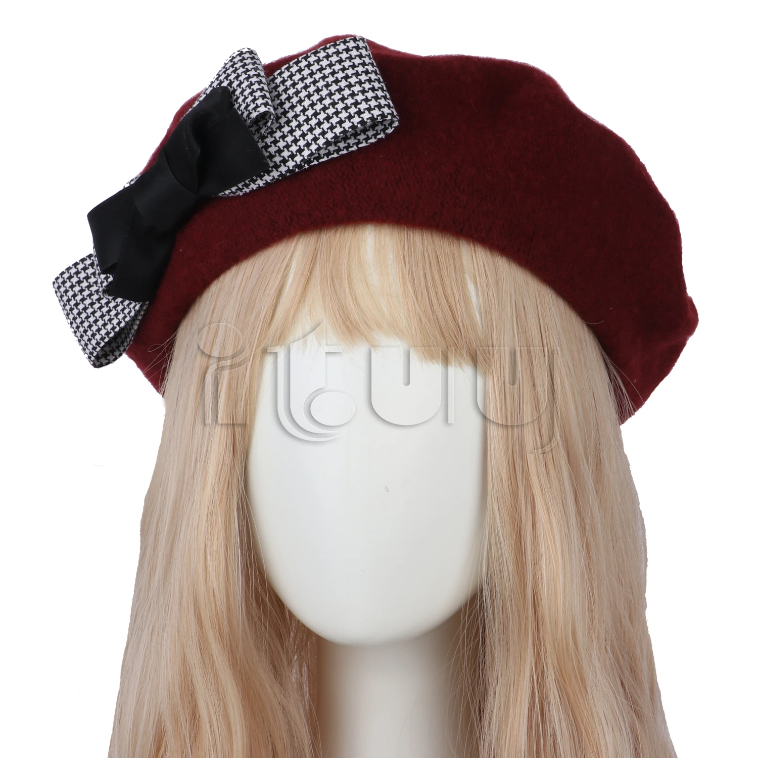 Women Wool French Beret Hat with Big Bow Girl Lolita Cute Plaid Beanie Cap Hat Winter Warm Fashion Accessory