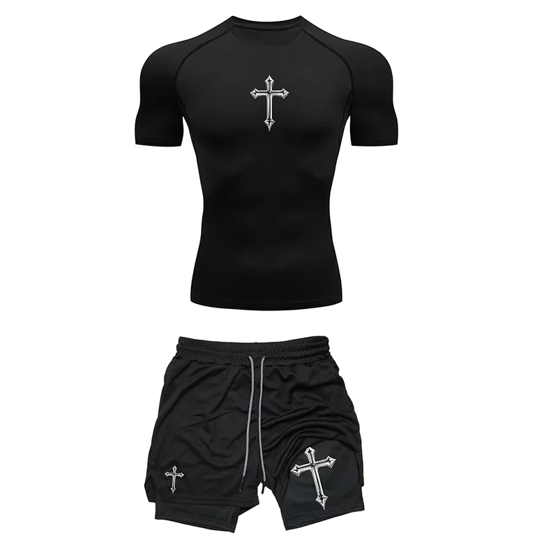Jogging Breathable Compression Sportswear Summer Men's Training Two-piece Tight T-shirt Fitness Shorts Gym Workout Set RL0008