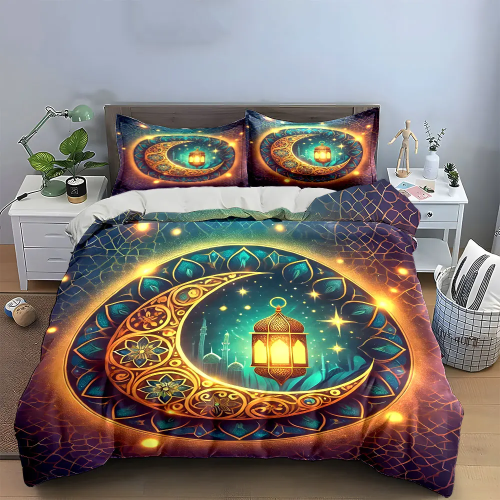 3Pcs Ramadan Crescent Moon Bedding Set,Golden Lantern and Mosque Print Duvet Cover Set,Islamic Holiday Pattern for Muslim Home