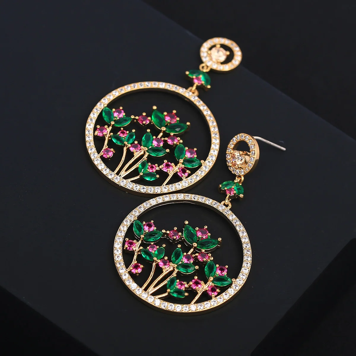 

925 Silver Gold Plated Flower Hoop Earrings, Pink Green CZ Dangle, Sparkling Luxury Party Jewelry for Women