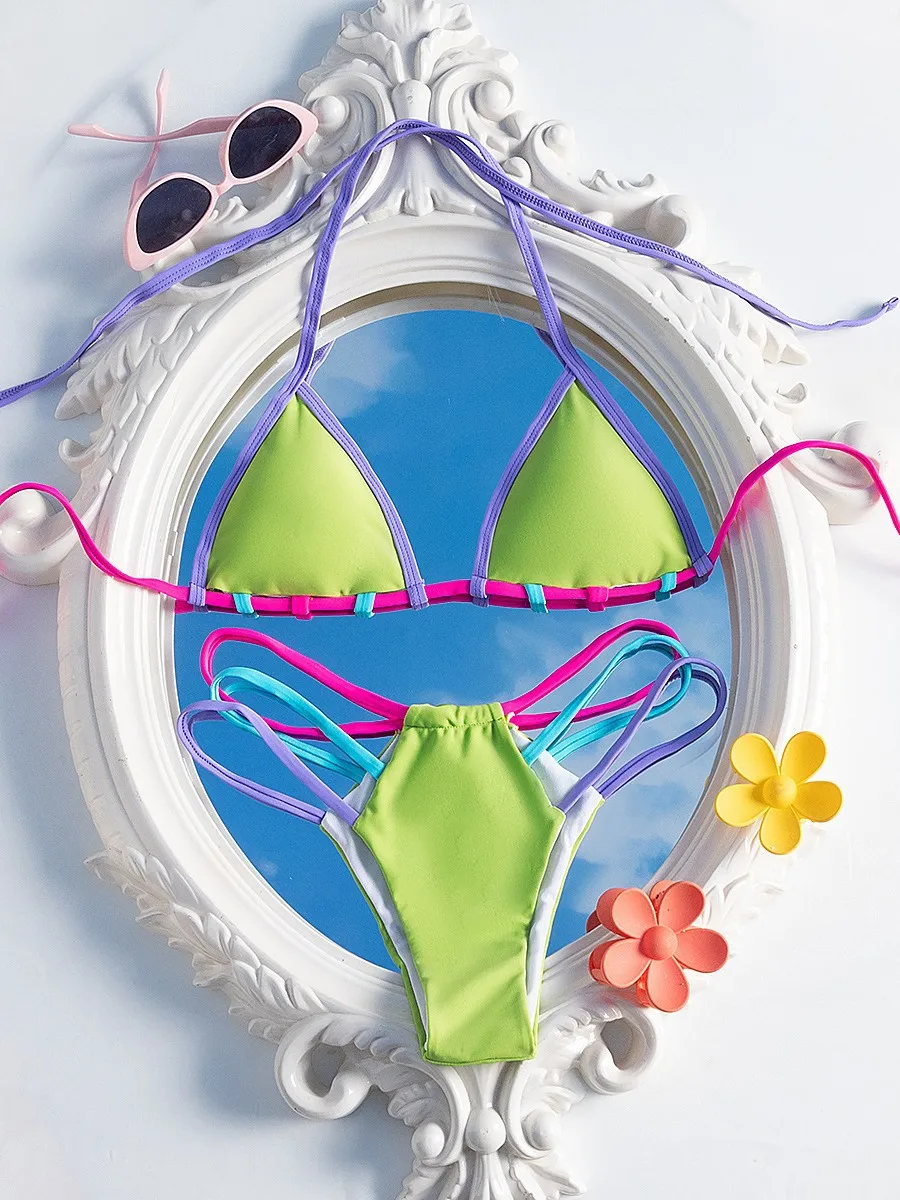 

Красочные купальники бикини, женский двухсекционный купальник с треугольной чашкой контрастного цвета, новый стиль 2025 года из материкового Китая