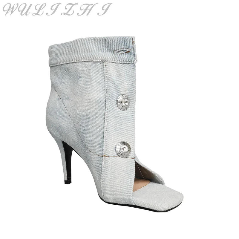 Denim Blue Open Toe Short Boots Large Size Women Ankle Boots Summer Rivet Button Belt Buckle Stiletto High Heel Lady Pumps