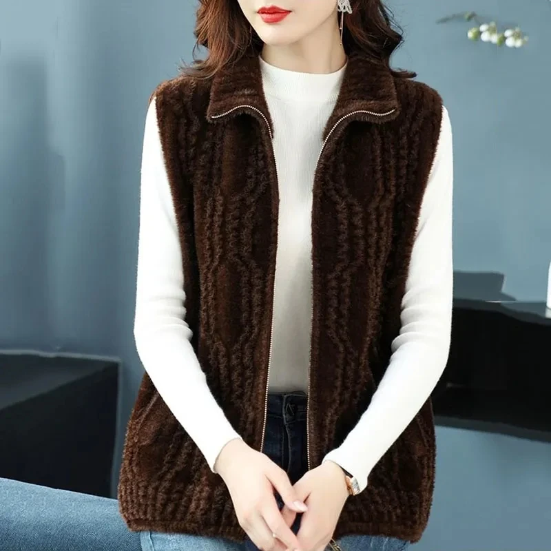 Autumn winter Golden Mink Velvet Knitted Women's Middle-Aged Mother Sleeveless Imitation Mink Velvet Vest Coat Cardigan Female