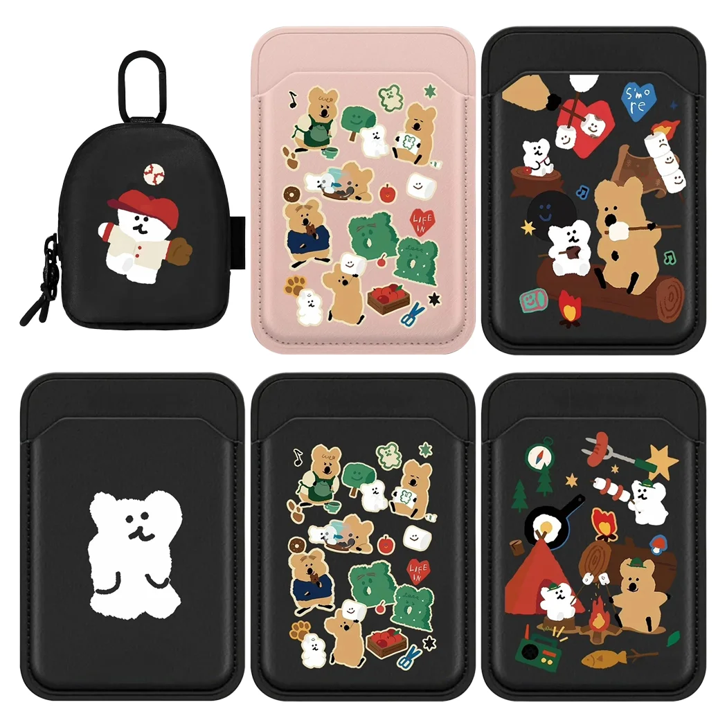 

Cute Bear PU Leather Card Holder Magnetic Card Case for IPhone Galaxy Canvas Mini Storage Zipper Bag for Airpods Earbuds