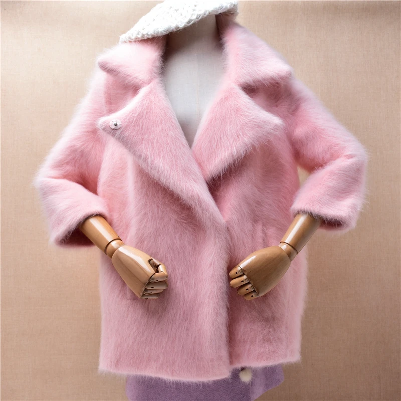 1.5KG Heavy Thick Women Mujer Autumn Winter Pink Mink Cashmere Knitted Suit Collar Loose Angora Fur Sweater Cardigans Coat Pull