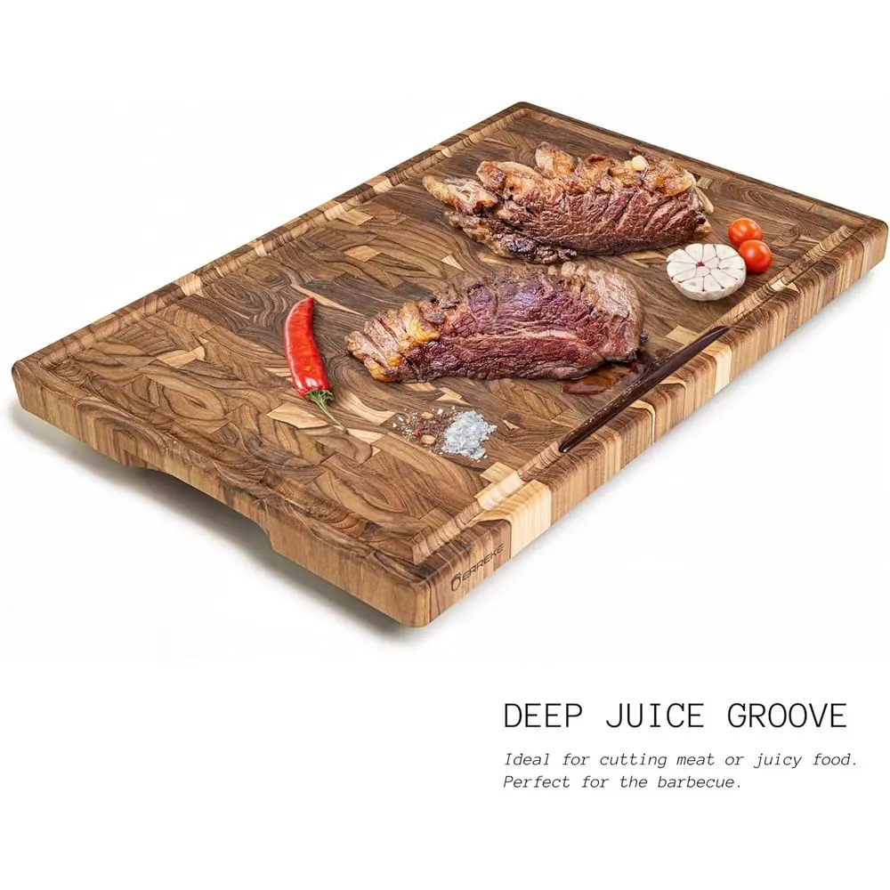 لوح تقطيع كبير من خشب الساج مقاس 23 × 15 × 1.5 مع أخدود عصير وأقدام غير قابلة للانزلاق للاستخدام المتين في المطبخ
