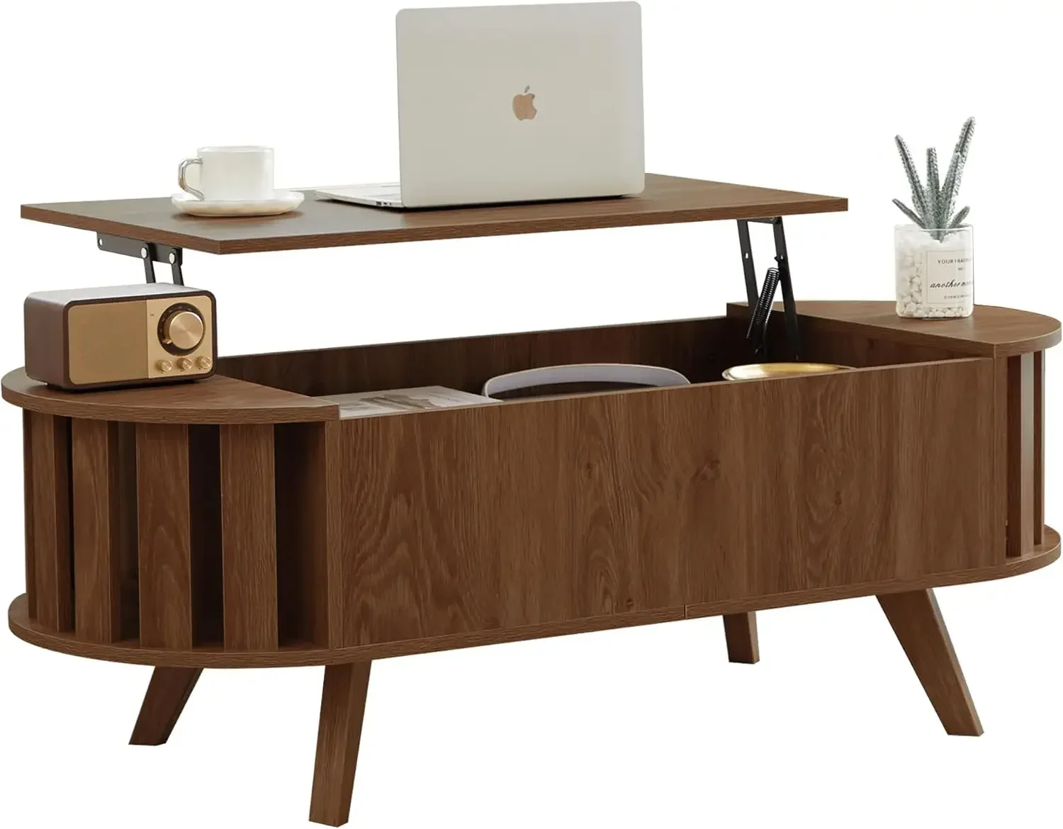 

Деревянный журнальный столик со скрытым хранилищем, овальный подъемный столик 47,24 дюйма, низкий чайный столик с изогнутым профилем для гостиной