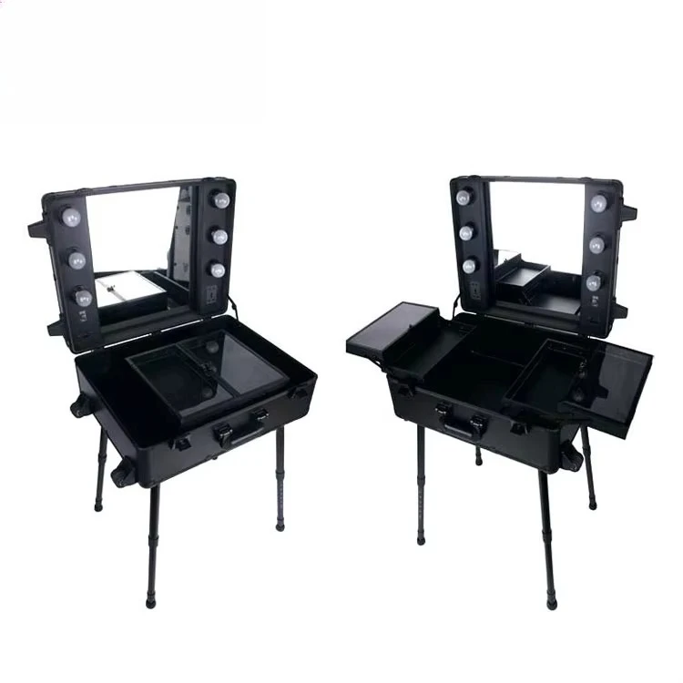 Asas de tocador con ruedas de aluminio profesionales para estudio, maletín de tocador multimedia con ruedas, brillo