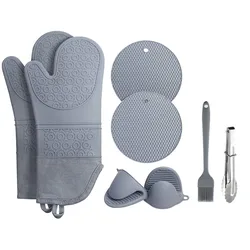 Heat Resistant Silicone Oven Gloves Non-Slip Oven Mitts Set with Table Mat for Kitchen Baking Cooking Grilling Barbecue