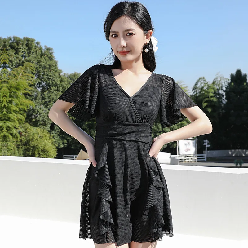 

Summer Women's High-end New Style Pure and Sexy Pure Color Conservative Slim Belly-covering Dress Swimsuit