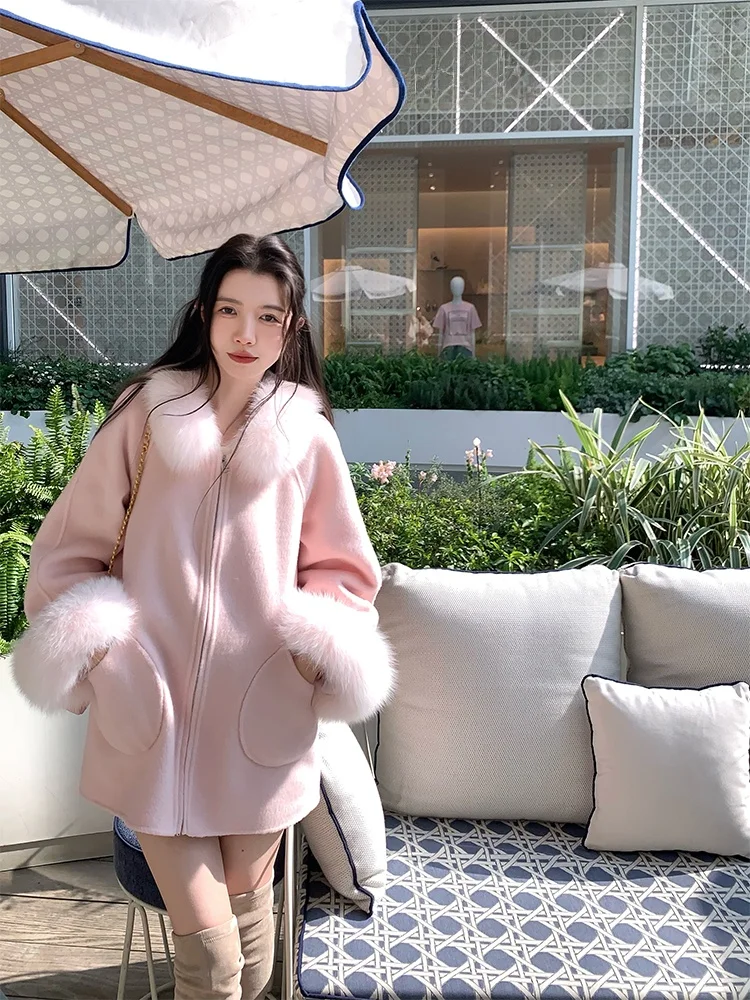 

Yuxiao Woolen Fur Coat Medium Length Soft Woolen Outerwear Handmade Warm Winter Jaet for Young Women