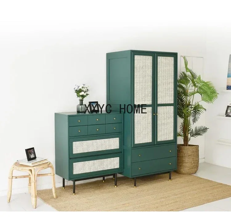 Nordic Rattan Solid Wood Drawer Storage Cabinet Double Door Wardrobe Light Luxury Storage Wardrobe