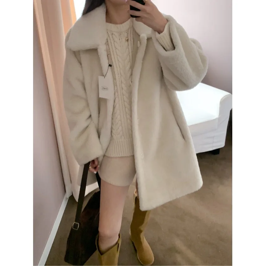 Retro Double-Sided Wear Leather Fur Inteated Medium-Length Coat Women Chic Faion Turn Collar Cotton Clothes Trend