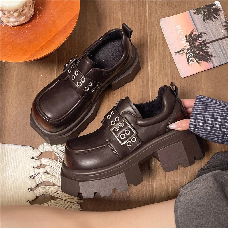 

7cm High Womens Leather Loafers Fashion Designer Belt Buckle Women Mary Jane Shoe Retro British Style Thick Sole High Heel Pumps