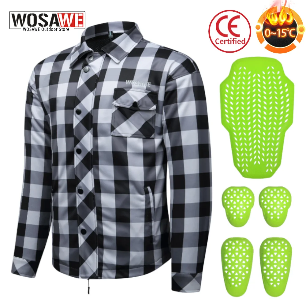 

WOSAWE Warm Motorcycle Armor Jacket Winter Motocross Riding with CE Soft Protective Gear Motorcycle Checkered Shirt Riding Coat