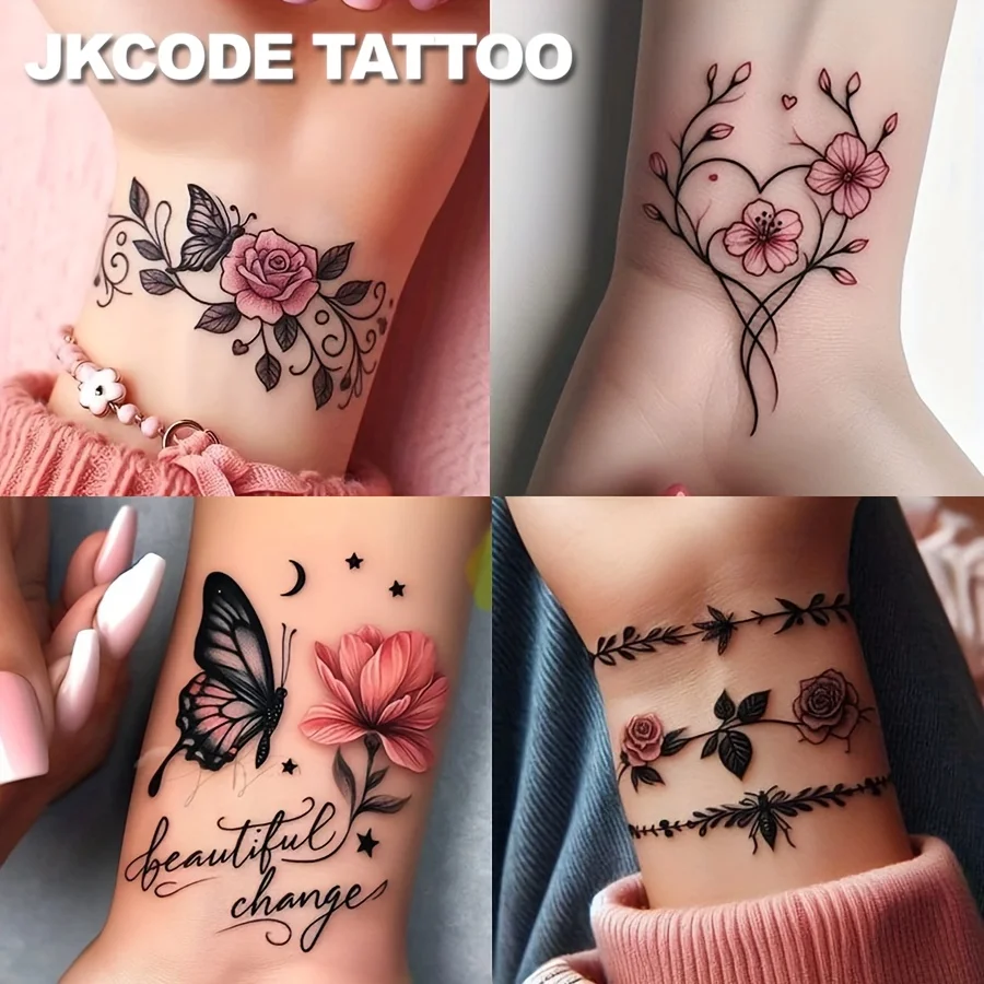 8 Pieces of Pink Rose, Feather, Butterfly, Hibiscus Flower, and Leaf Tattoos - Romantic and Elegant Style 