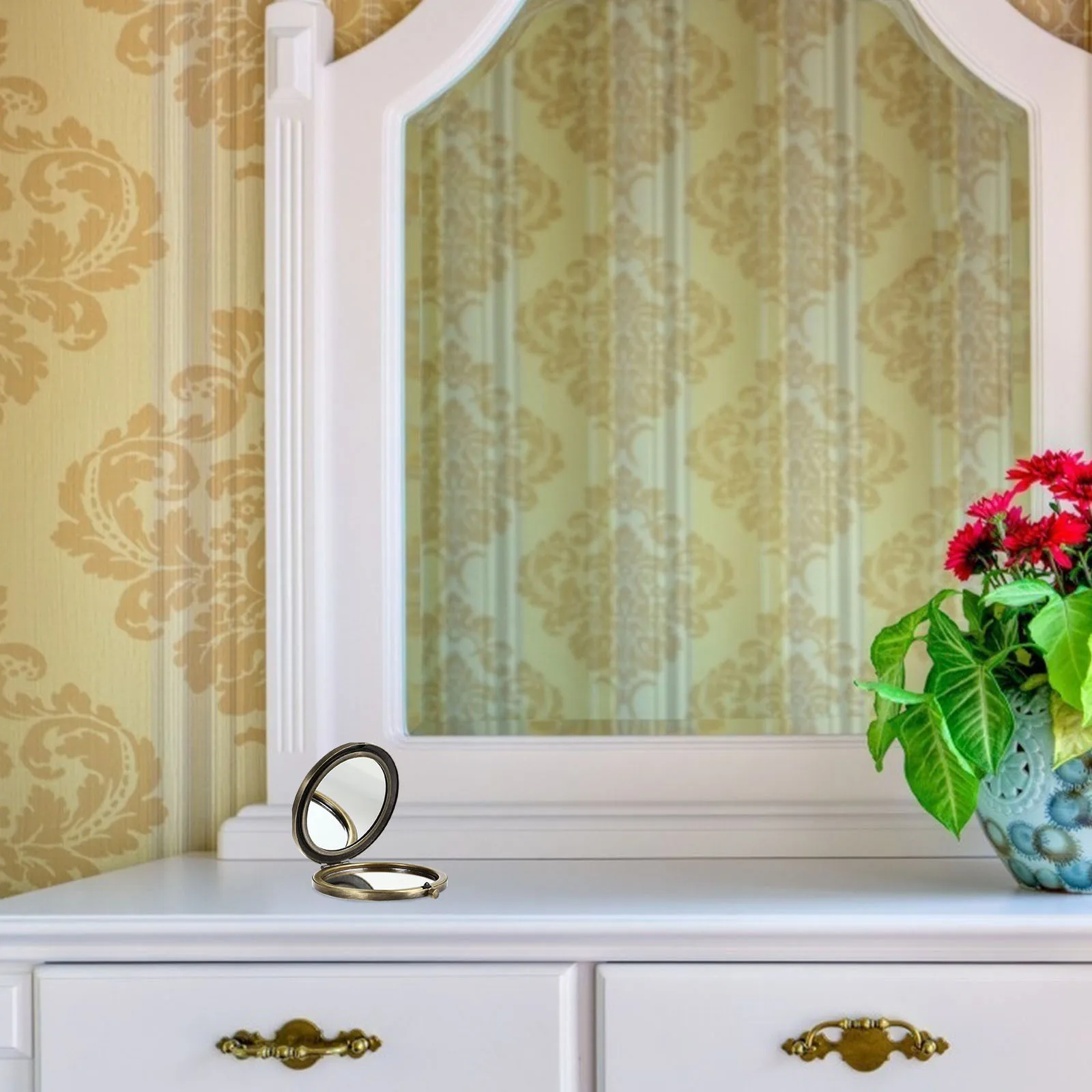 Espelho de metal de madeira redondo dobrável compacto de maquiagem portátil para viagens pequeno espelho de beleza portátil leve