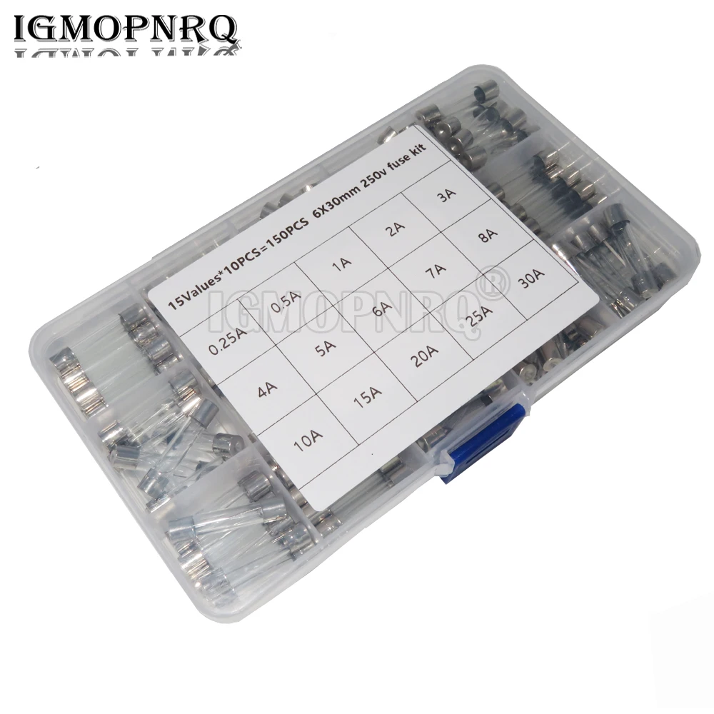 150PCS 15 value 6*30 Fast-blow Glass Tube Fuses Car Glass Tube Fuses Assorted Kit 6X30 With Box Fusive 0.1A-30A Household Fuses