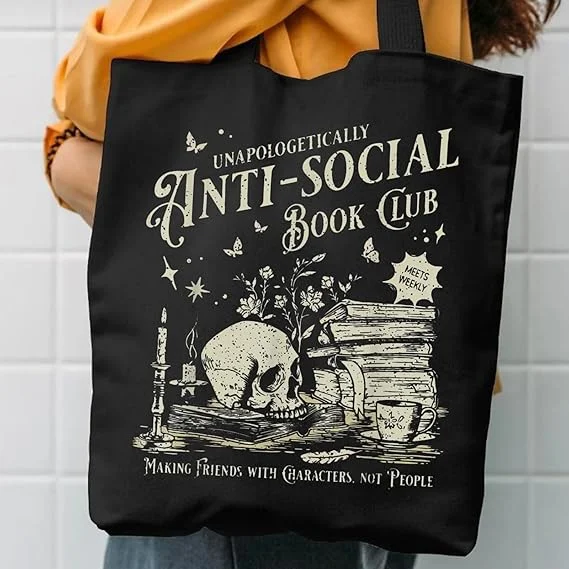 Gothic Book Skull Tote Bag Dark Aesthetic Canvas Shoulder Bag for Women Men Casual Reusable Shopping Handbag Retro Style Black
