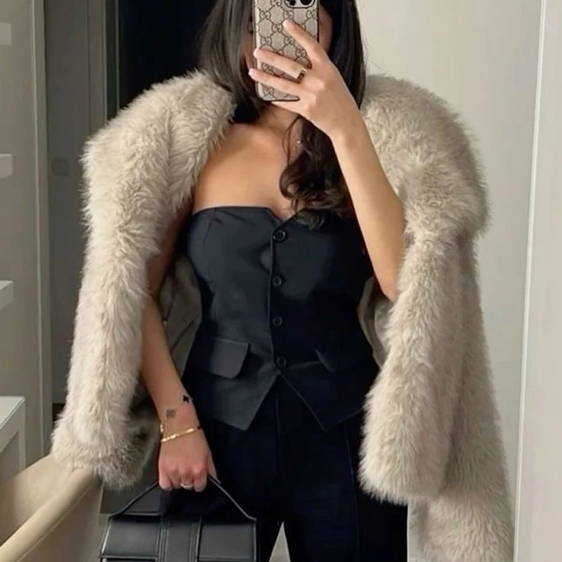 معطف فرو صناعي سترات نسائية شتوية بأكمام طويلة وأزرار سفلية ملابس خارجية معاطف نسائية أنيقة من الصوف معطف منفوش #5