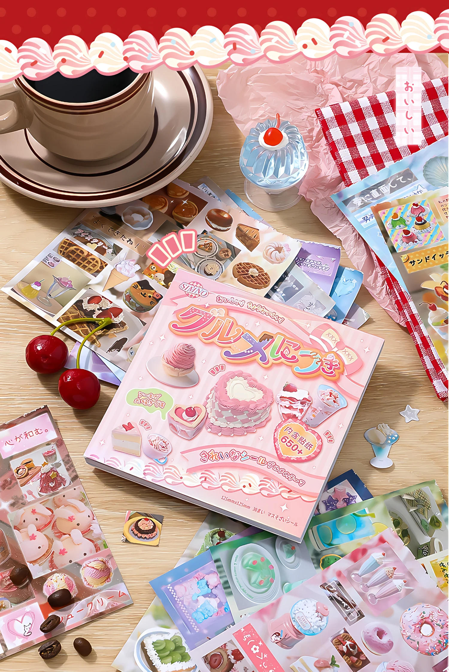 30P Die-Cut Sticker Book - Japanese Food & Dessert Vintage Showa Style - Glitter Matte Glossy Finish - 650+ Cute Elements